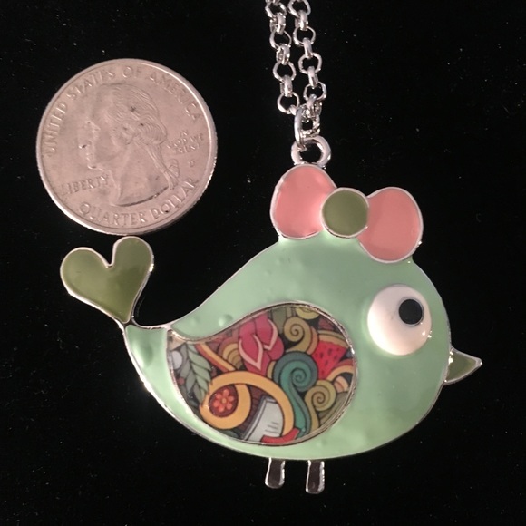 3/$25 Long Enameled Mint Bird Pendant Necklace - Picture 4 of 5
